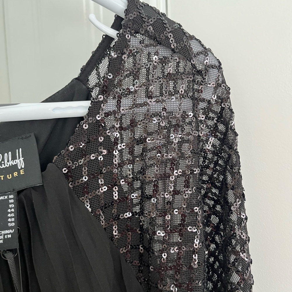 Joseph Ribkoff Black Pleated Midi Dress with Sequin Sleeves - Picture 3 of 15